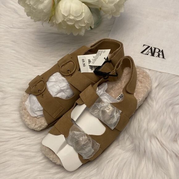 Zara Brown Leather Buckled Flat Sandals Shoes - Picture 10 of 11